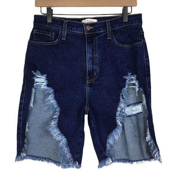 VIBRANT MIU Jean Shorts Distressed Bermuda Stretch Denim Streetwear Size Large - Picture 2 of 10